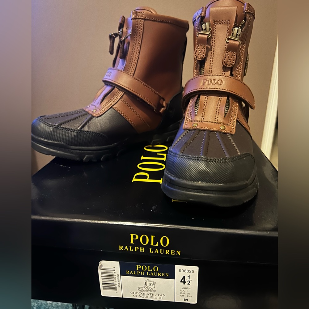 Polo Conquered Chocolate/Tan Double Zipper Logo Hi Boots - New with box